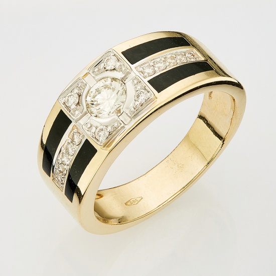 Кольцо печатка из комбинированного золота 585 пробы c 15 бриллиантами и эмалями, Л30115607 за 138450