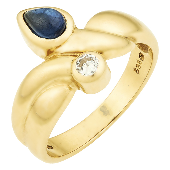 Кольцо из желтого золота 585 пробы c 1 бриллиантом и 1 сапфиром, Л09061774 за 33750
