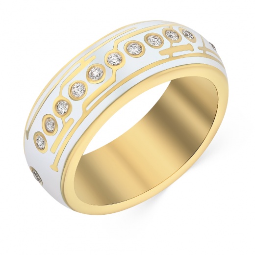 Кольцо обручальное из желтого золота 750 пробы c 12 бриллиантами и эмалями 048253 фото 1