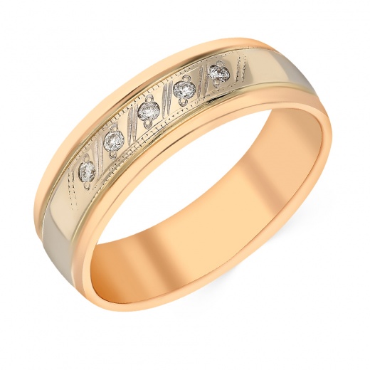 Кольцо обручальное из комбинированного золота 585 пробы c 5 бриллиантами 042845 фото 1