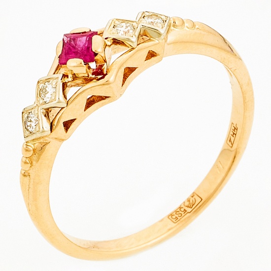 Кольцо из комбинированного золота 585 пробы c 4 бриллиантами и 1 рубином, Л46055373 за 17940