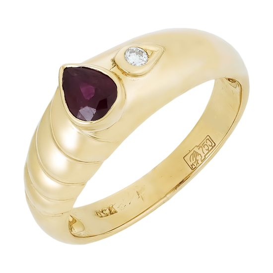 Кольцо из желтого золота 750 пробы c 1 бриллиантом и 1 рубином, Л19111278 за 35000