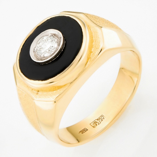Кольцо печатка из комбинированного золота 750 пробы c 1 бриллиантом и 1 ониксом, Л43053526 за 149000