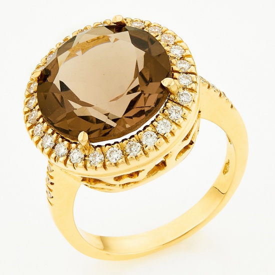 Кольцо из желтого золота 750 пробы c 32 бриллиантами и 1 раухтопазом, Л28080931 за 88000