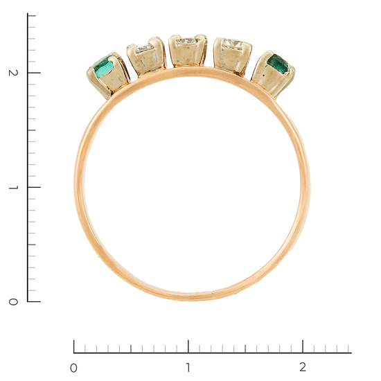 Кольцо из комбинированного золота 585 пробы c 3 бриллиантами и 2 изумрудами, Л75014403 за 27450