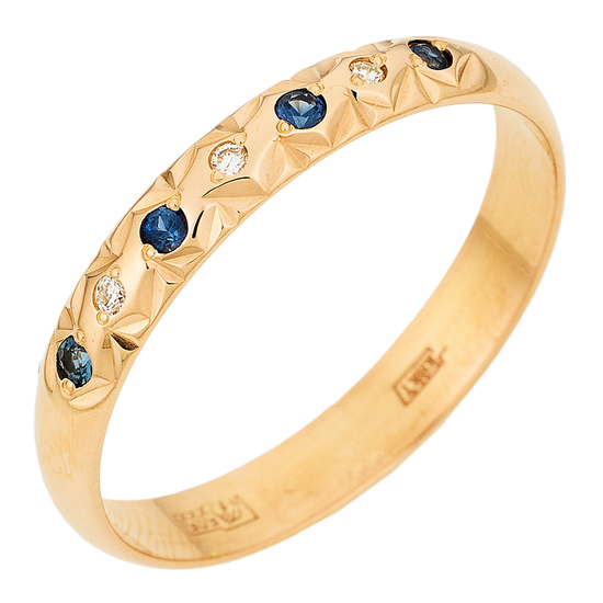 Кольцо из красного золота 585 пробы c 3 бриллиантами и 4 сапфирами, Л45071114 за 12600